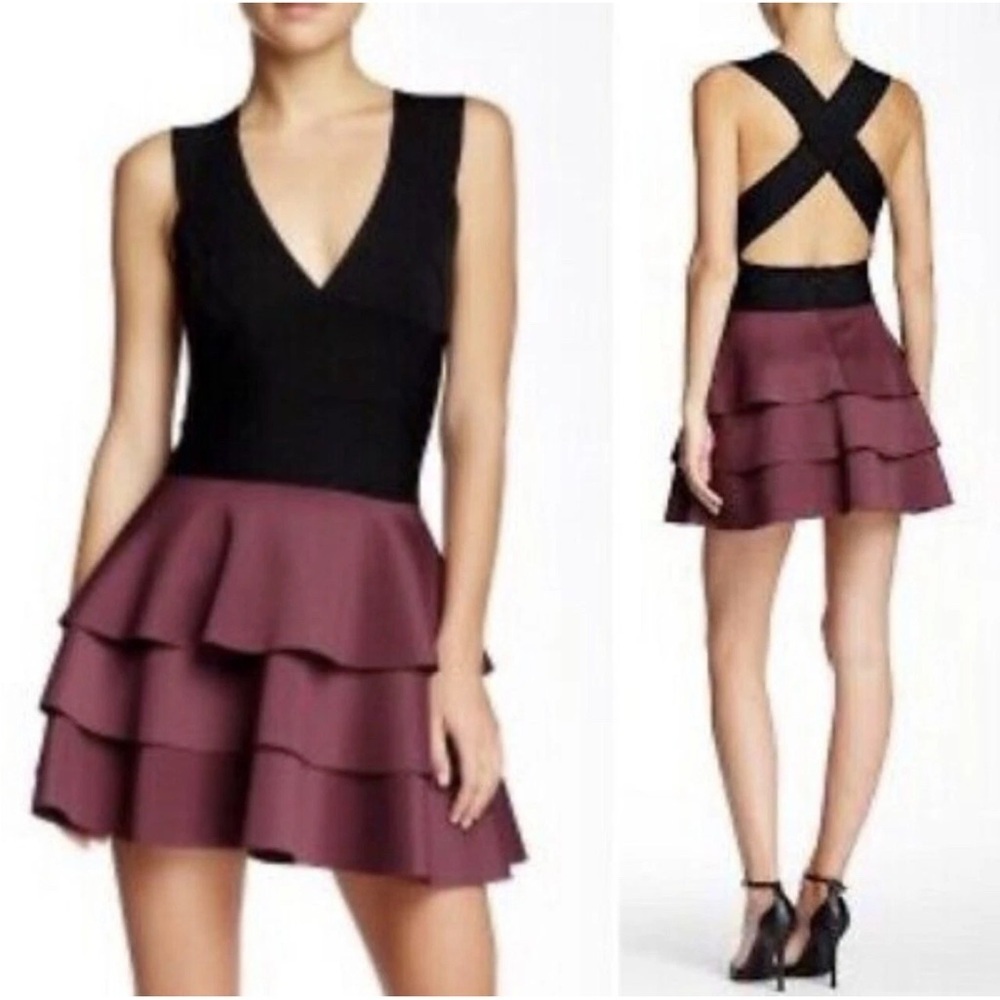 Robert Rodriguez Size 6 Sienna Dress Black Maroon Mini Bandage Crisscross Back
